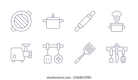 Cooking icons. editable stroke. Containing cooking, cooking tools, grill, meat grinder, pot, roller, skimmer, turner.