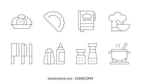 Cooking icons. editable stroke. Containing cooking, cooking pot, gyoza, knives, recipe book, salt, spices.