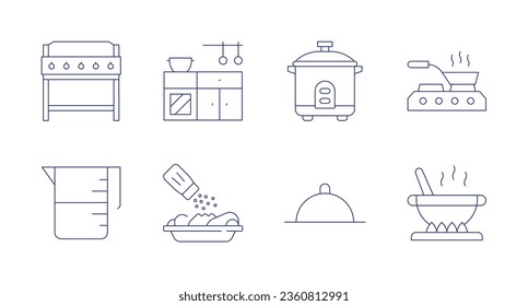 Cooking icons. editable stroke. Containing cooking, cooking pot, grill, kitchen, measuring cup, rice cooker, seasoning, tray.
