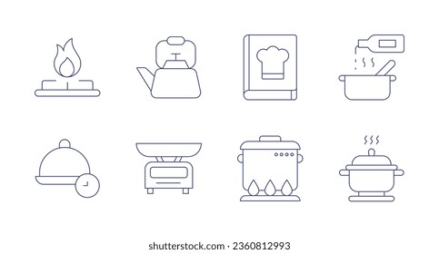 Cooking icons. editable stroke. Containing cooking, cooking pot, gas stove, kettle, lunch time, recipe book, scales, steam.