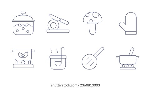 Cooking icons. editable stroke. Containing boiling, cook, cutting, food, mushroom, oven mitt, pan, pot.