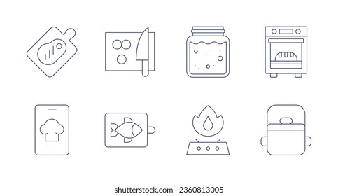 Cooking icons. editable stroke. Containing board, cook, cutting board, fish, gas stove, mother dough, oven, pot.