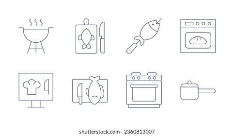 Cooking icons. editable stroke. Containing barbecue, computer, cutting board, fish, gas stove, oven, pot.