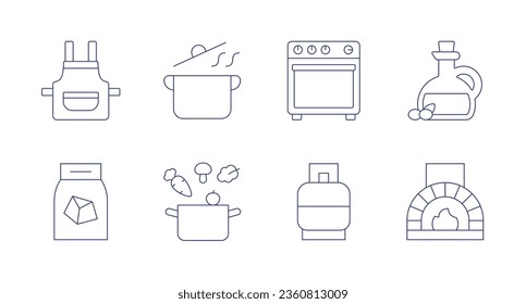 Cooking icons. editable stroke. Containing apron, coal, cooking, electric stove, gas cylinder, olive oil, pizza oven.