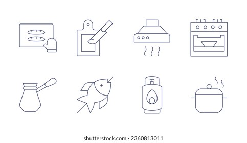 Cooking icons. editable stroke. Containing baking, coffee, cutting board, extractor hood, fish, gas cylinder, oven, pot.