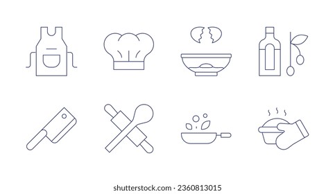 Cooking icons. editable stroke. Containing apron, chefs hat, cleaver, cooking, egg, frying pan, olive oil, pie.