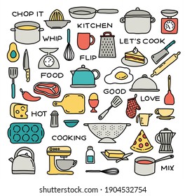 Cooking icons hand drawn illustration doodles colorful symbols meal prep