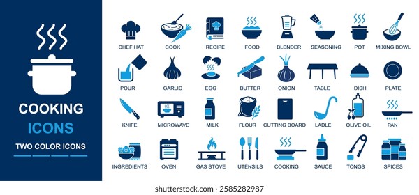 cooking icons including food, blender, seasoning, mixing bowl, knife, ingredient, cutting board, microwave, utensils, gas stove, pan, recipe book, flour, oil, oven, ladle, sauce, spice etc.	