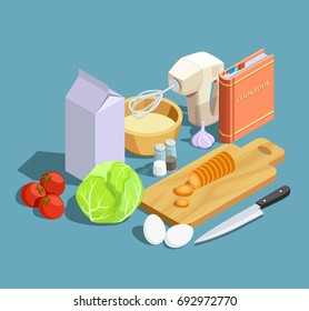 Cooking icons isometric composition with cumbersome products ripe vegetables whipper knife with cutting board and cookbook vector illustration 