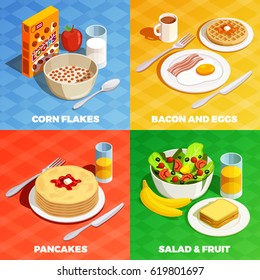 Cooking Icons Isometric Design Concept With Realistic Dishes Flatware With Various Breakfast Food And Drinks Images Vector Illustration