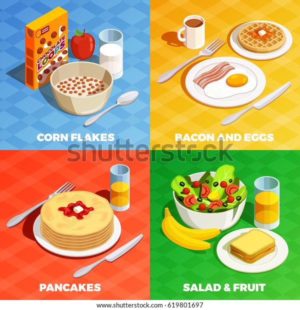 Cooking icons isometric design concept with\
realistic dishes flatware with various breakfast food and drinks\
images vector\
illustration