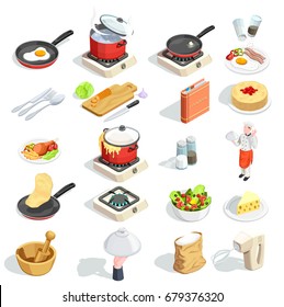 Cooking icons isometric set of sixteen isolated images of food dishes spice kitchenware and cook character vector illustration