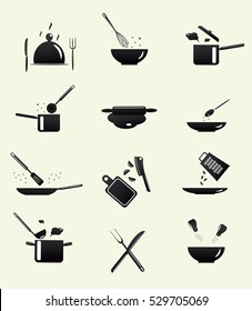 Cooking icons. Kitchen utensils and cooking process. Black silhouette