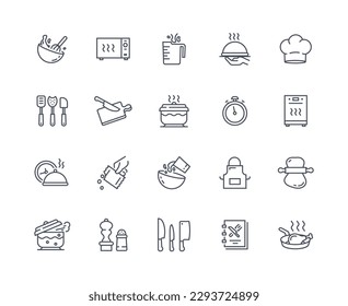 Juego de líneas de iconos de cocina. Elementos gráficos para el sitio web. Sombrero y delantal del chef. Chimenea y microondas, olla de caldo y recipiente de comida caliente. Cuchillas, cuchara y espátula. Colección de ilustraciones de vectores planos lineales