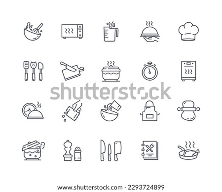 Cooking icons line set. Graphic elements for website. Chefs hat and apron. Stove and microwave, broth pot and hot food container. Knives, spoon and spatula. Linear flat vector illustrations collection