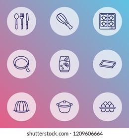 Cooking icons line style set with eggs, lemonade, whisk and other oven elements. Isolated vector illustration cooking icons.