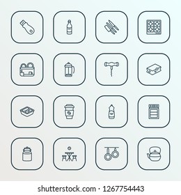 Cooking icons line style set with pans, teapot, dishwasher liquid and other hygiene elements. Isolated vector illustration cooking icons.