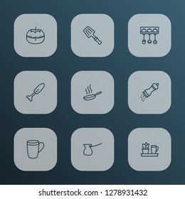 Cooking icons line style set with tomato timer, hand blender, cezve cup elements. Isolated vector illustration cooking icons.