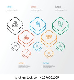 Cooking icons line style set with hot rice, cezve, hand blender ibrik elements. Isolated vector illustration cooking icons.
