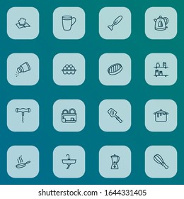 Cooking icons line style set with hot pan, electric kettle, salt and other smoothie elements. Isolated vector illustration cooking icons.