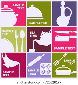 Cooking icons on colored squares with place for text