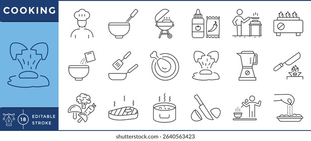 Cooking icons pack. 18 line icons. Vector editable stroke. Cook, food, chef, BBQ, blender, fry, steak.