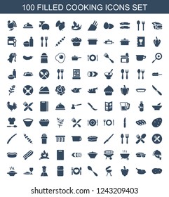 cooking icons. Set of 100 filled cooking icons included potato, chicken, pepper, bbq, spoon, plate with spoon and fork on white background. Editable cooking icons for web, mobile and infographics.