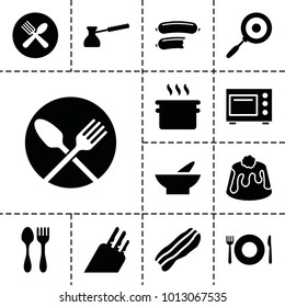 Cooking icons. set of 13 editable filled cooking icons such as plate fork and spoon, bowl, pan, pie, spoon and fork, bacon, knife, turk, microwave, sausage