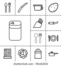 Cooking icons. set of 13 editable outline cooking icons such as potato, cabbage, pot, pepper, plate fork and knife, gardening knife, plate fork and spoon, menu, pan, knife