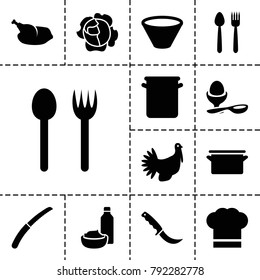 Cooking icons. set of 13 editable filled cooking icons such as fork and spoon, drink and food, boiled egg, plate fork and knife, gardening knife, turkey, chef hat, chicken