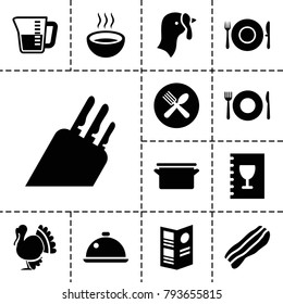 Cooking icons. set of 13 editable filled cooking icons such as turkey, plate fork and spoon, soup, spoon and fork, dish, menu, bacon, decanted, knife