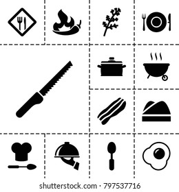 Cooking icons. set of 13 editable filled cooking icons such as deel, spoon, restaurant, chef hat, bacon, dish serving, chef hat and spoon, pan, egg, barbeque, chili