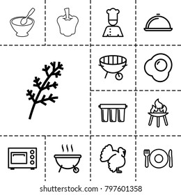 Cooking icons. set of 13 editable outline cooking icons such as deel, plate fork and spoon, turkey, bbq, chef, dish, microwave, egg, filter, barbeque, pepper