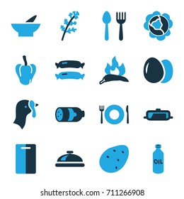 Cooking icons set. set of 16 cooking bi-color icons such as egg, turkey, sausage, potato, cabbage, deel, chili, pepper, pan, oil, spoon and fork, plate fork and spoon, dish