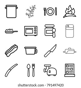 Cooking icons. set of 16 editable outline cooking icons such as chili, baby food, pot, plate fork and knife, gardening knife, plate fork and spoon, menu, bacon, pan, pan-fry