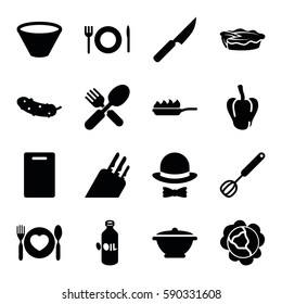 cooking icons set. Set of 16 cooking filled icons such as cabbage, pepper, oil, cutting board, cucumber, pie, fork and spoon, plate with spoon and fork, corolla, bowl, pan