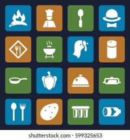 cooking icons set. Set of 16 cooking filled icons such as turkey, sausage, potato, chili, pan, pepper, spoon, chef, dish, restaurant, hat and bow, filter, fork and spoon