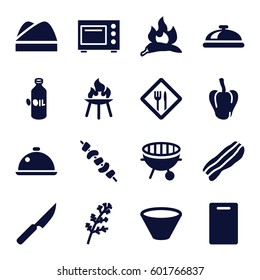 cooking icons set. Set of 16 cooking filled icons such as deel, chili, pepper, oil, dish, cutting board, kebab, bbq, restaurant, chef hat, bacon, bowl, knife