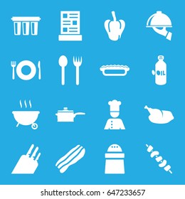 Cooking icons set. set of 16 cooking filled icons such as pepper, oil, plate fork and spoon, kebab, pie, chef, menu, bacon, dish serving, chicken, pan, knife, filter, barbeque