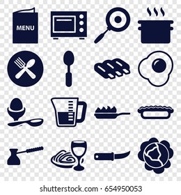 Cooking icons set. set of 16 cooking filled icons such as sausage, cabbage, boiled egg, pasta and wine glass, spoon, gardening knife, spoon and fork, pie, menu, pan-fry