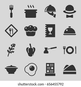 Cooking icons set. set of 16 cooking filled icons such as deel, pepper, fork, pie, dish, plate fork and spoon, restaurant, chef hat, menu, dish serving, hat and bow, pan, turk