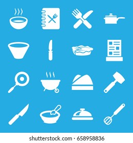 Cooking icons set. set of 16 cooking filled icons such as dish, porridge, pie, fork and knife, knife, soup, chef hat, menu, corolla, bowl, pan