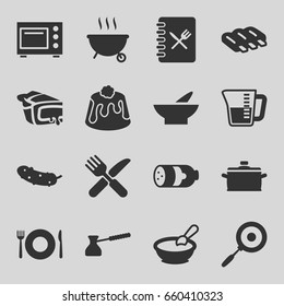 Cooking icons set. set of 16 cooking filled icons such as sausage, plate fork and spoon, porridge, bowl, cucumber, pie, fork and knife, menu, pan, decanted, turk, microwave