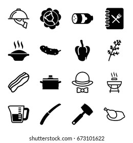 Cooking icons set. set of 16 cooking filled and outline icons such as sausage, cabbage, pepper, cucumber, gardening knife, menu, pan, decanted, knife, deel, bacon