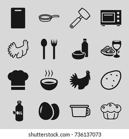 Cooking icons set. set of 16 cooking filled and outline icons such as egg, oil, cutting board, drink and food, soup, turkey, chef hat, microwave, potato, pie, pan, knife