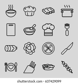 Cooking icons set. set of 16 cooking outline icons such as sausage, cabbage, porridge, cutting board, pie, kebab, fork, soup, spoon and fork, plate with spoon and fork