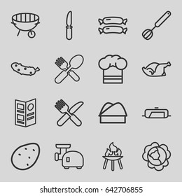 Cooking icons set. set of 16 cooking outline icons such as sausage, potato, cabbage, pan, cucumber, chicken, fork and spoon, fork and knife, knife, bbq, chef hat, menu