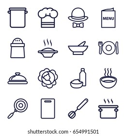 Cooking icons set. set of 16 cooking outline icons such as plate fork and spoon, dish, cabbage, bowl, cutting board, pepper, drink and food, soup, chef hat, menu, hat and bow