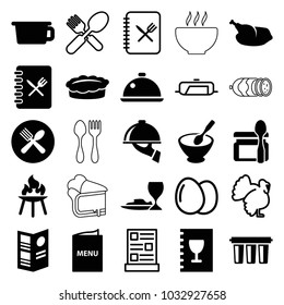 Cooking icons. set of 25 editable filled and outline cooking icons such as pot, spoon and fork, dish, menu, dish serving, chicken, bbq, filter, egg, pan, turkey, baby food