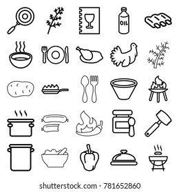 Cooking icons. set of 25 editable outline cooking icons such as sausage, deel, pepper, oil, plate fork and spoon, dish, baby food, barbeque, pan, soup, turkey, menu, chicken